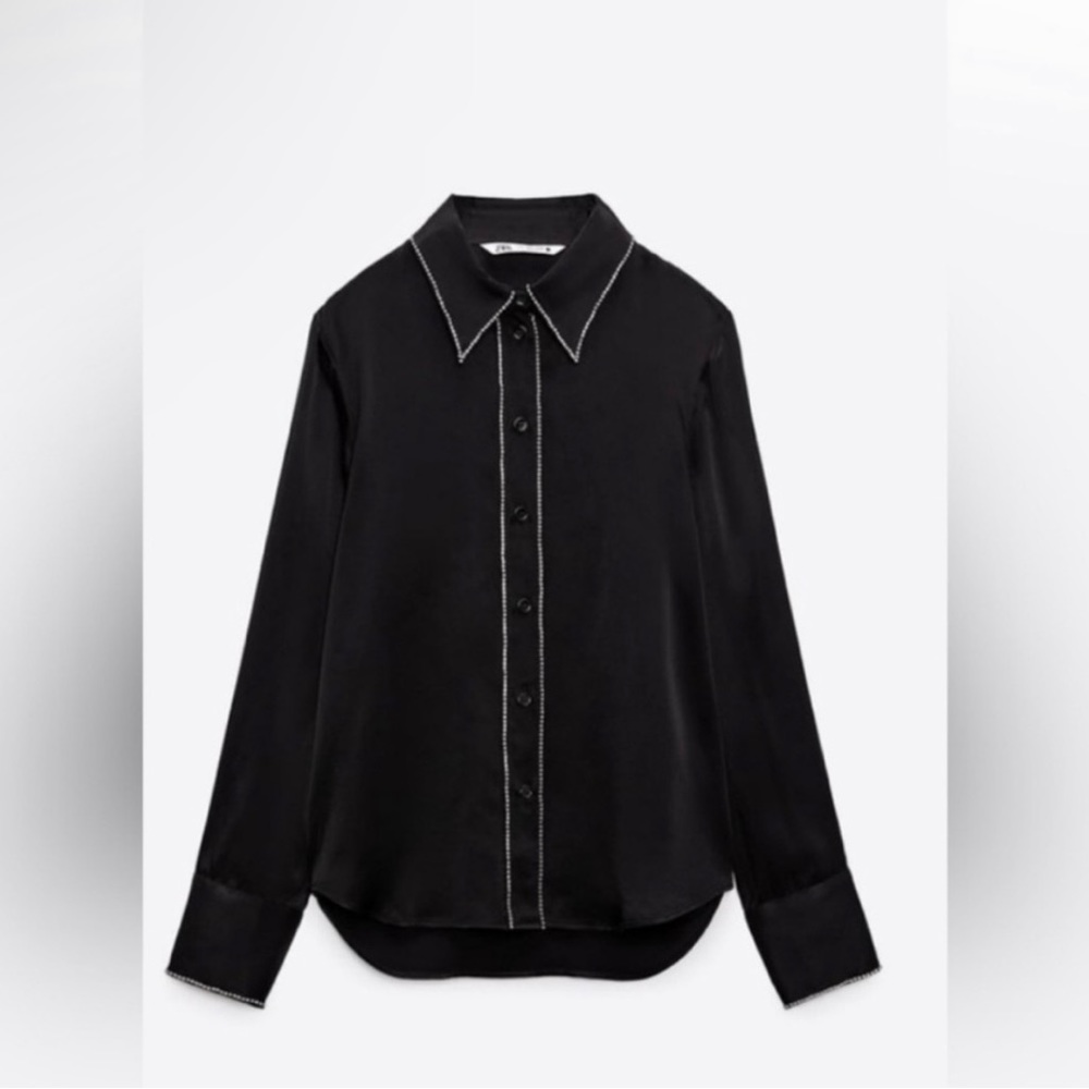 Zara long sleeve satin rhinestone blouse